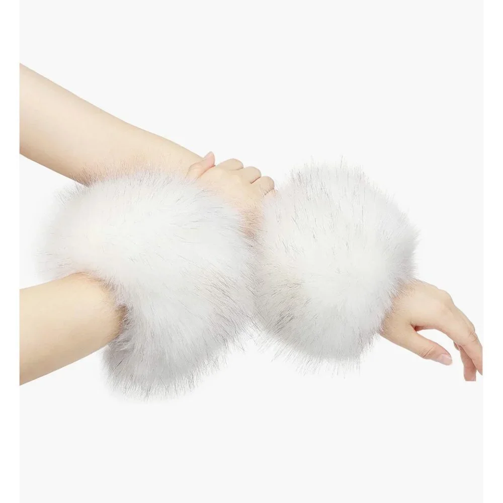 White Fuzzy Faux Fur Pom Pom Wrist Cuffs Furry Bands Arm Warmers Boot Covers